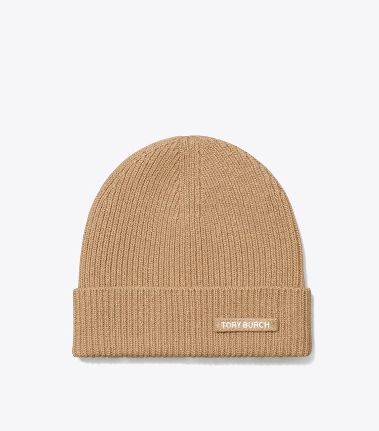 Tory Burch diseñador sombreros Gorro de punto acanalado en Light Brown frente