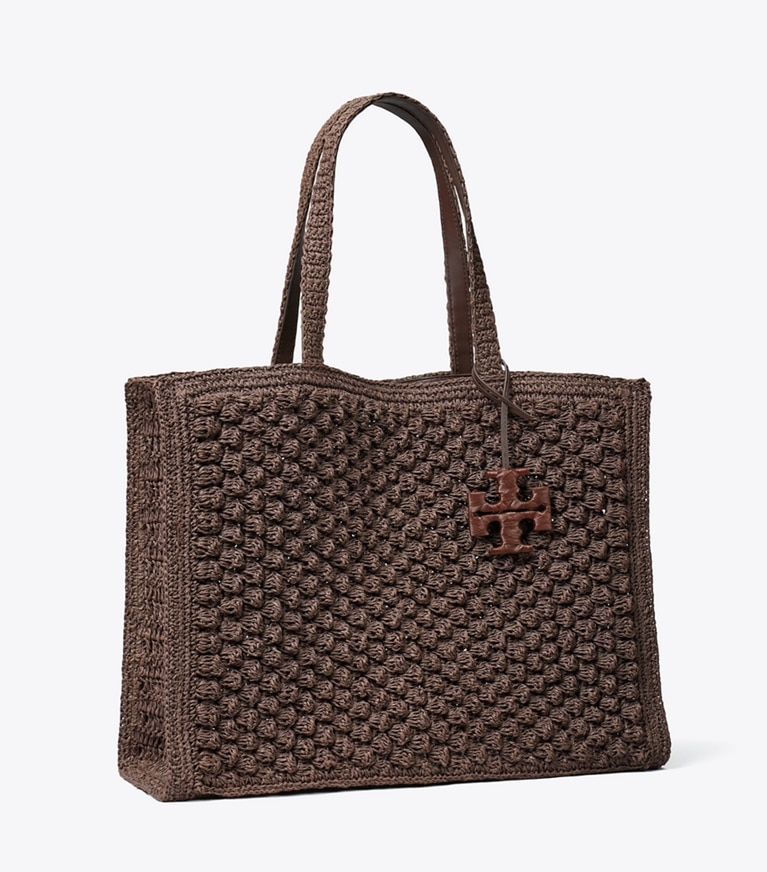 Tory Burch designer cabas Grand cabas Ella crocheté popcorn à la main in Dark Cocoa angle