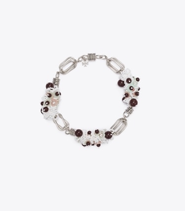 Tory Burch designer colliers Grand collier perlé Runway dans Tory Silver de face