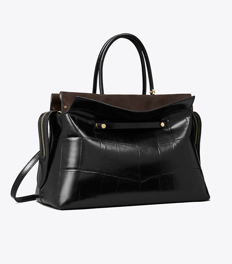 Tory Burch designer sac à main Grand sac Mercer en cuir embossé effet croco in Black angle