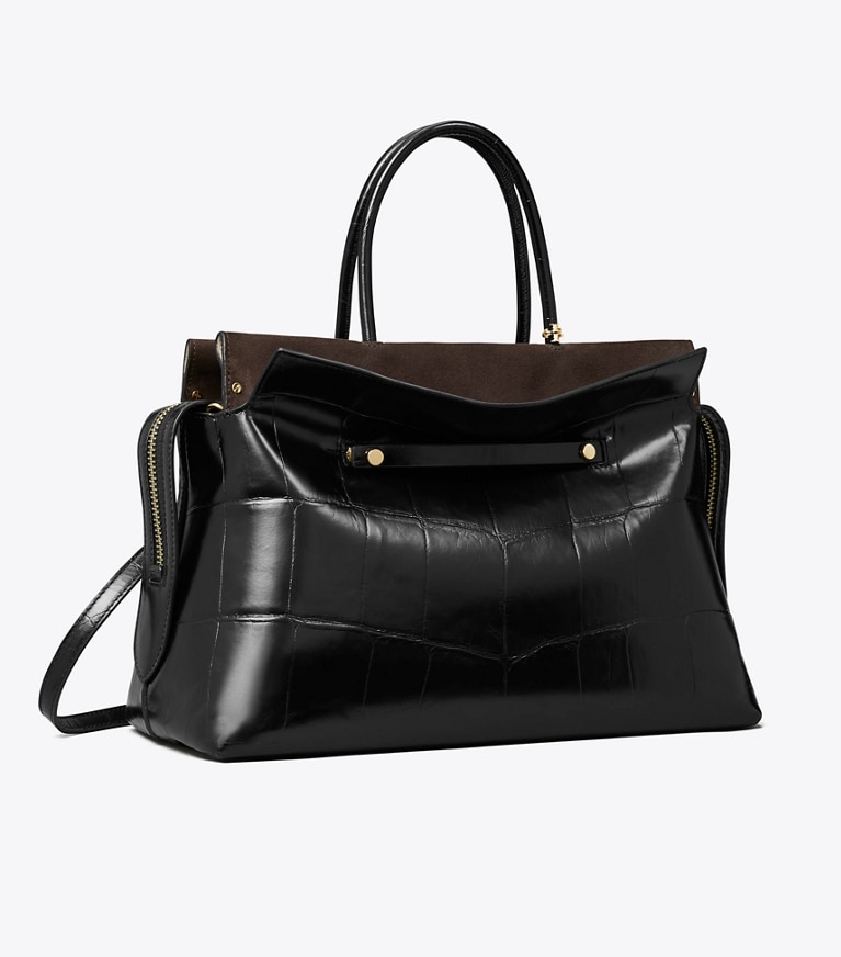 Tory Burch designer sac à main Grand sac Mercer en cuir embossé effet croco in Black angle