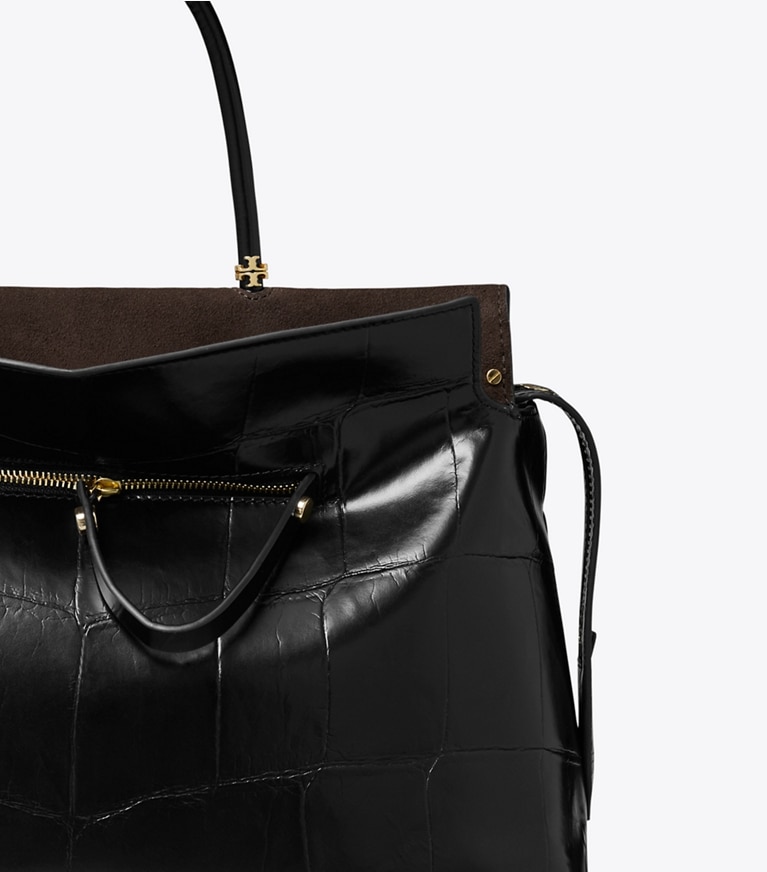 Tory Burch designer sac à main Grand sac Mercer en cuir embossé effet croco in Black angle