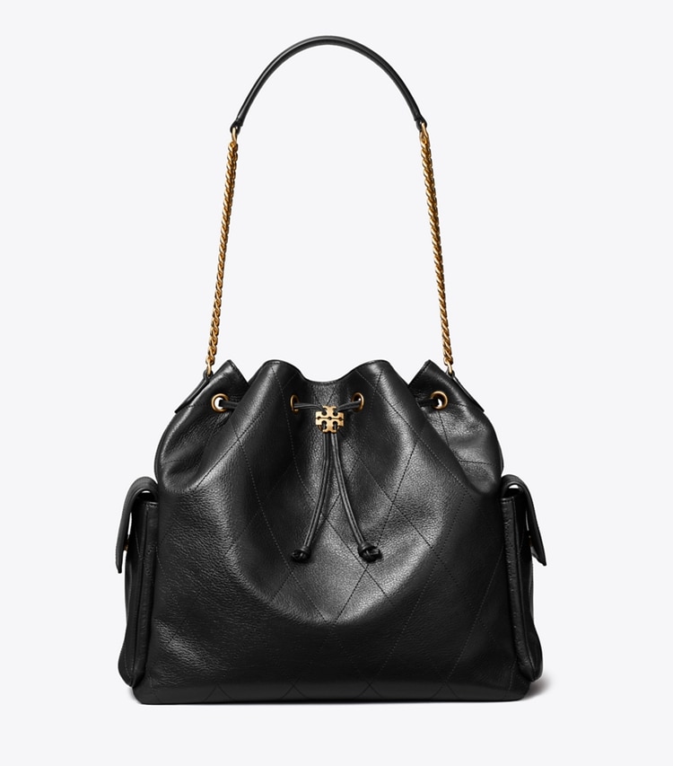 Tory Burch designer sacs porté épaule Grand sac porté épaule Charlie matelassé à cordon de serrage dans Black de face