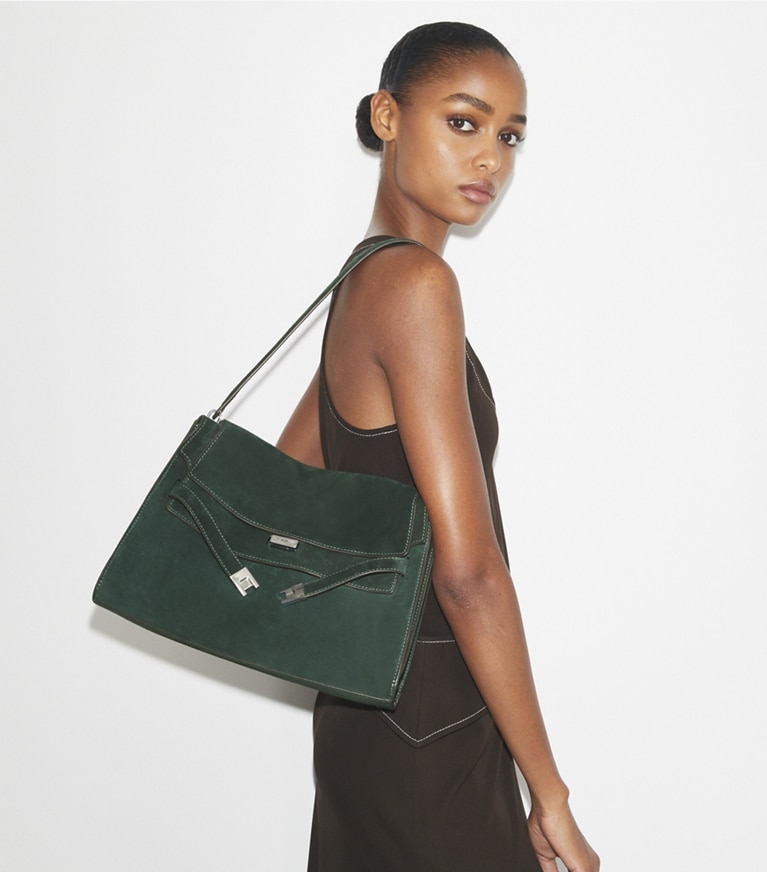 Tory Burch designer sacs porté épaule Grand sac porté épaule Lee Radziwill en daim in Warm Teal angle
