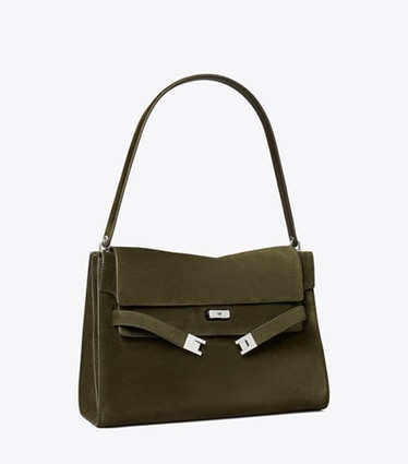 Tory Burch designer sacs porté épaule Grand sac porté épaule Lee Radziwill en daim in Dark Olive angle
