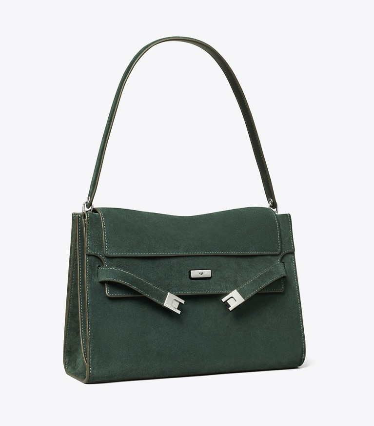 Tory Burch designer sacs porté épaule Grand sac porté épaule Lee Radziwill en daim in Warm Teal angle