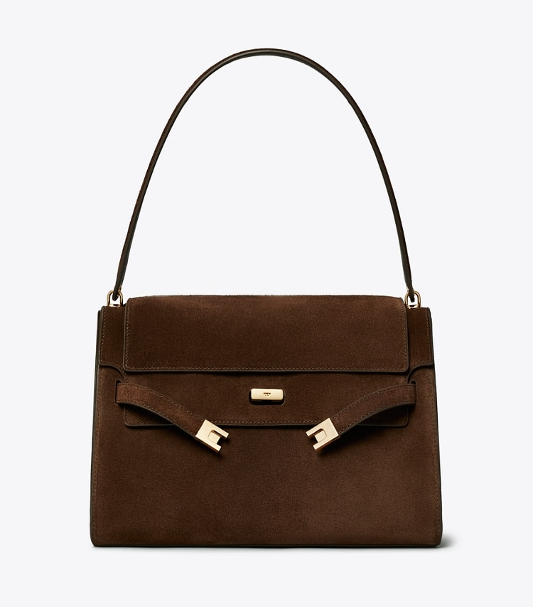 Tory Burch designer sacs porté épaule Grand sac porté épaule Lee Radziwill en daim in Dark Cocoa front