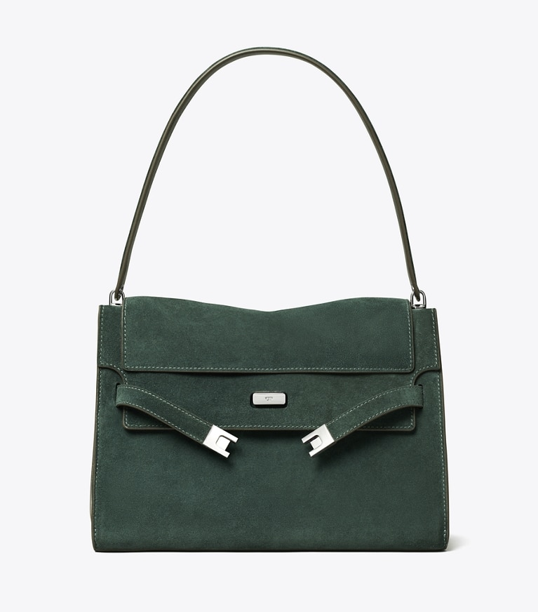 Tory Burch designer sacs porté épaule Grand sac porté épaule Lee Radziwill en daim in Warm Teal angle