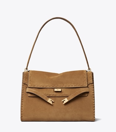 Tory Burch designer sacs porté épaule Grand sac porté épaule Lee Radziwill en daim in WILD TABACCO front