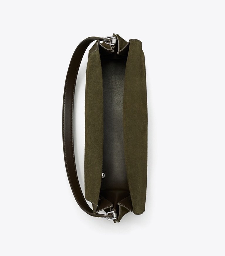 Tory Burch designer sacs porté épaule Grand sac porté épaule Lee Radziwill en daim in Dark Olive angle