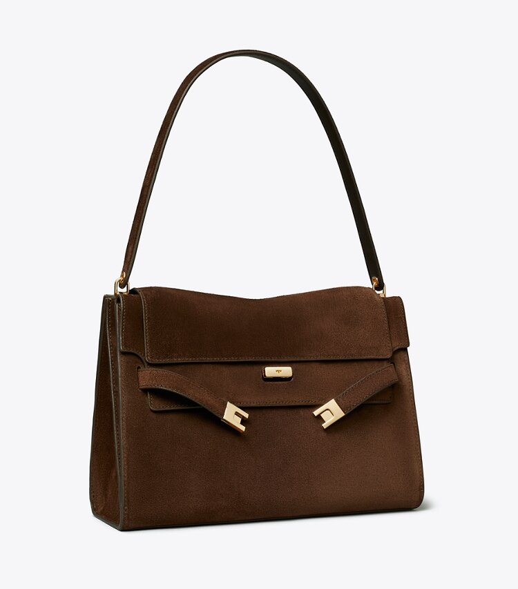 Tory Burch designer sacs porté épaule Grand sac porté épaule Lee Radziwill en suède dans Dark Cocoa angle