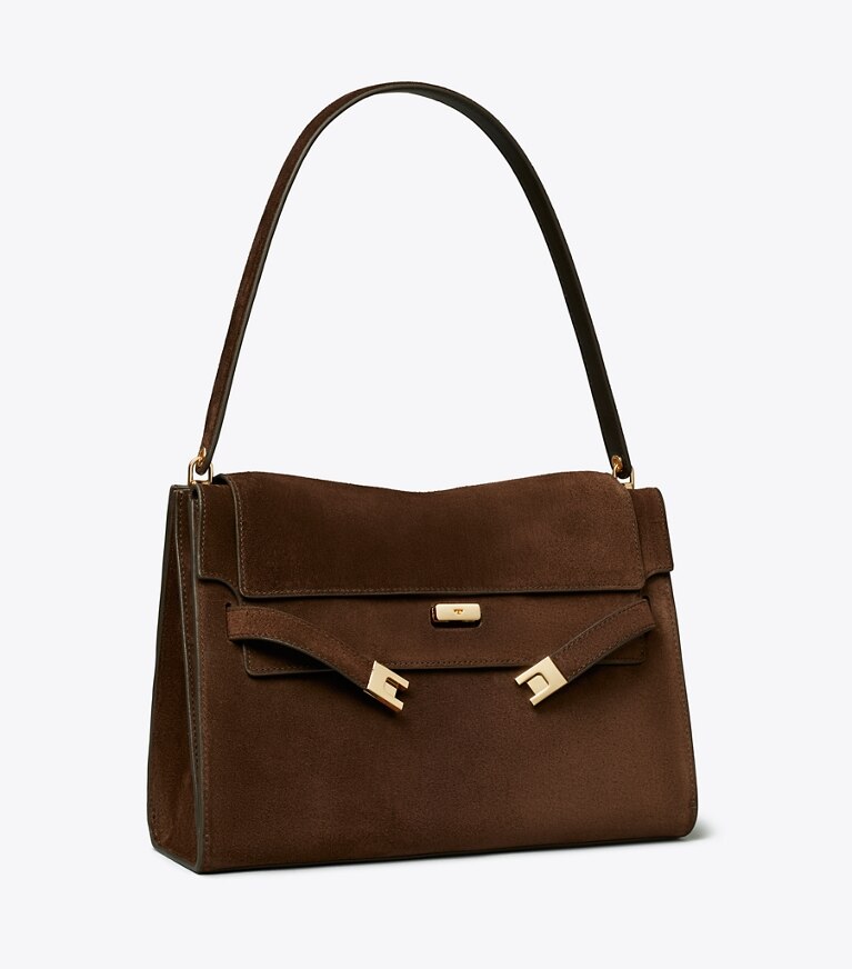 Tory Burch designer sacs porté épaule Grand sac porté épaule Lee Radziwill en suède dans Dark Cocoa angle