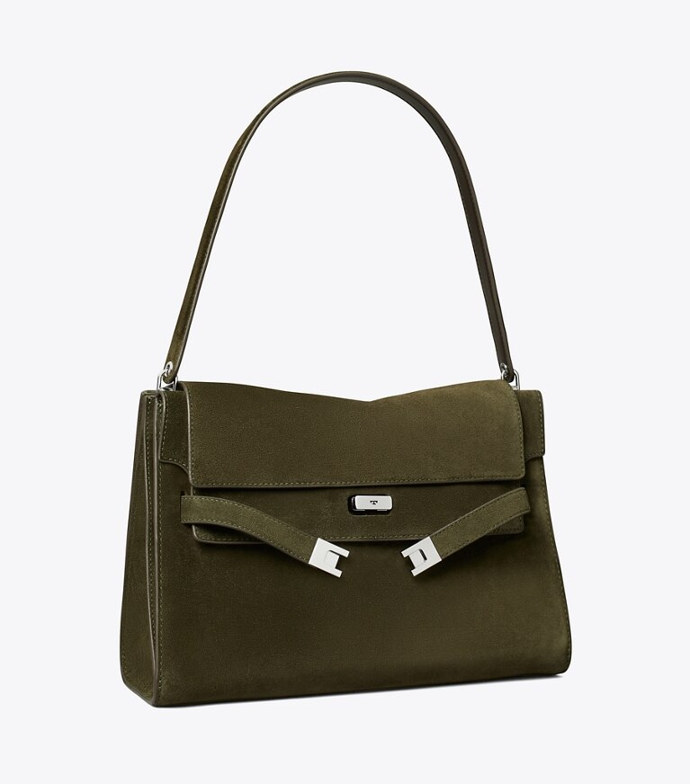 Tory Burch designer sacs porté épaule Grand sac porté épaule Lee Radziwill en suède dans Dark Olive angle