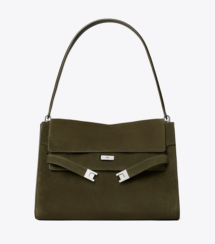 Tory Burch designer sacs porté épaule Grand sac porté épaule Lee Radziwill en suède dans Dark Olive de face