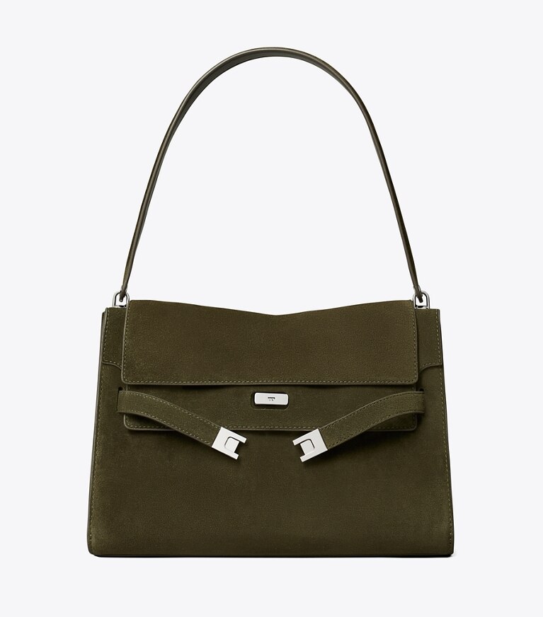 Tory Burch designer sacs porté épaule Grand sac porté épaule Lee Radziwill en suède dans Dark Olive de face