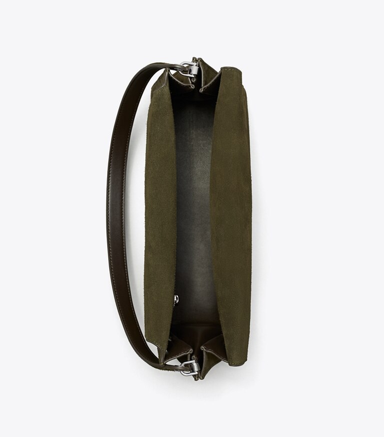 Tory Burch designer sacs porté épaule Grand sac porté épaule Lee Radziwill en suède dans Dark Olive vue du dessus