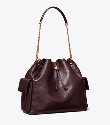 Tory Burch designer sacs porté épaule Grand sac porté épaule matelassé Charlie avec cordon de serrage in Vintage Bordeaux angle