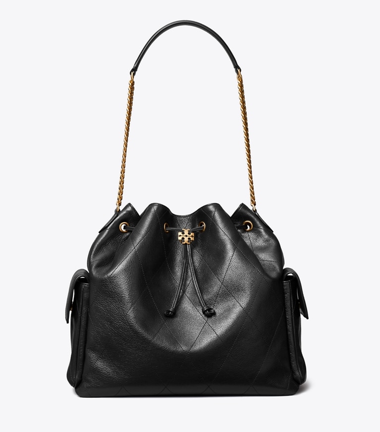 Tory Burch designer sacs porté épaule Grand sac porté épaule matelassé Charlie avec cordon de serrage in Black front