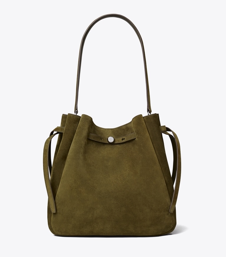 Tory Burch designer sacs porté épaule Grand sac seau Romy en suède dans Leccio de face