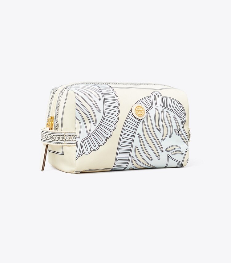 Tory Burch designer trousses de maquillage Grande trousse à cosmétiques imprimée Virginia dans Blue Zebra angle