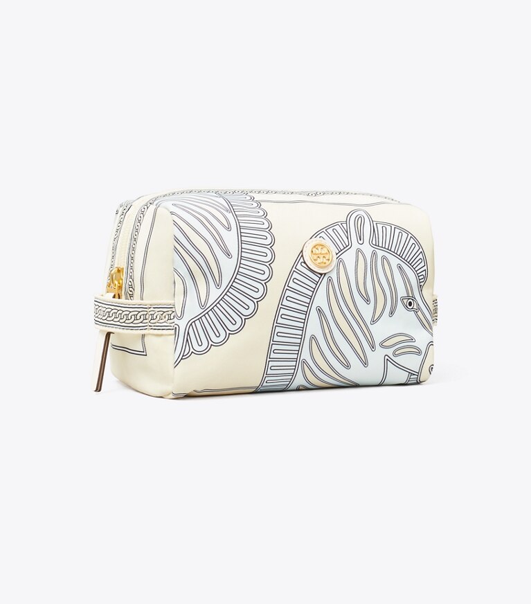 Tory Burch designer trousses de maquillage Grande trousse à cosmétiques imprimée Virginia dans Blue Zebra angle
