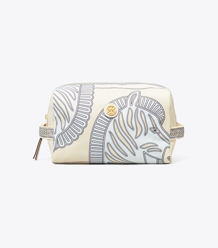 Tory Burch designer trousses de maquillage Grande trousse à cosmétiques imprimée Virginia dans Blue Zebra de face