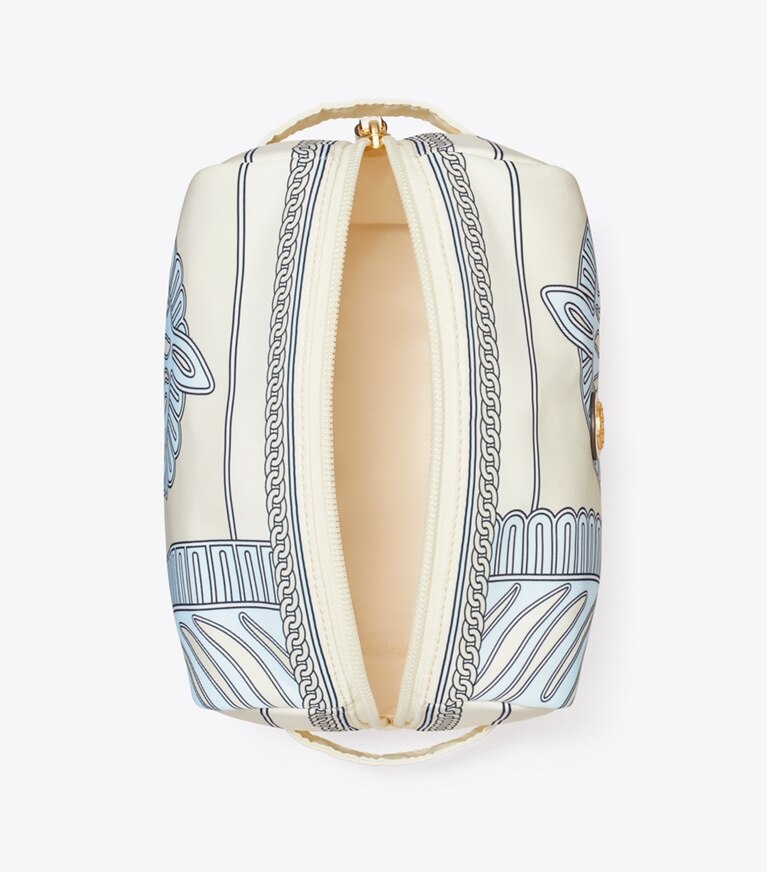 Tory Burch designer trousses de maquillage Grande trousse à cosmétiques imprimée Virginia dans Blue Zebra vue du dessus