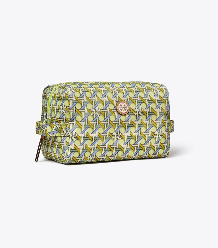 Tory Burch designer trousses de maquillage Grande trousse à maquillage en nylon imprimé dans ACID LEMON BASKETWEAVE angle