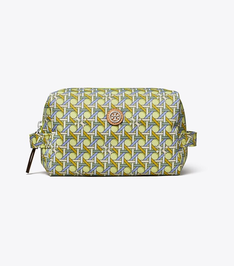 Tory Burch designer trousses de maquillage Grande trousse à maquillage en nylon imprimé dans ACID LEMON BASKETWEAVE de face