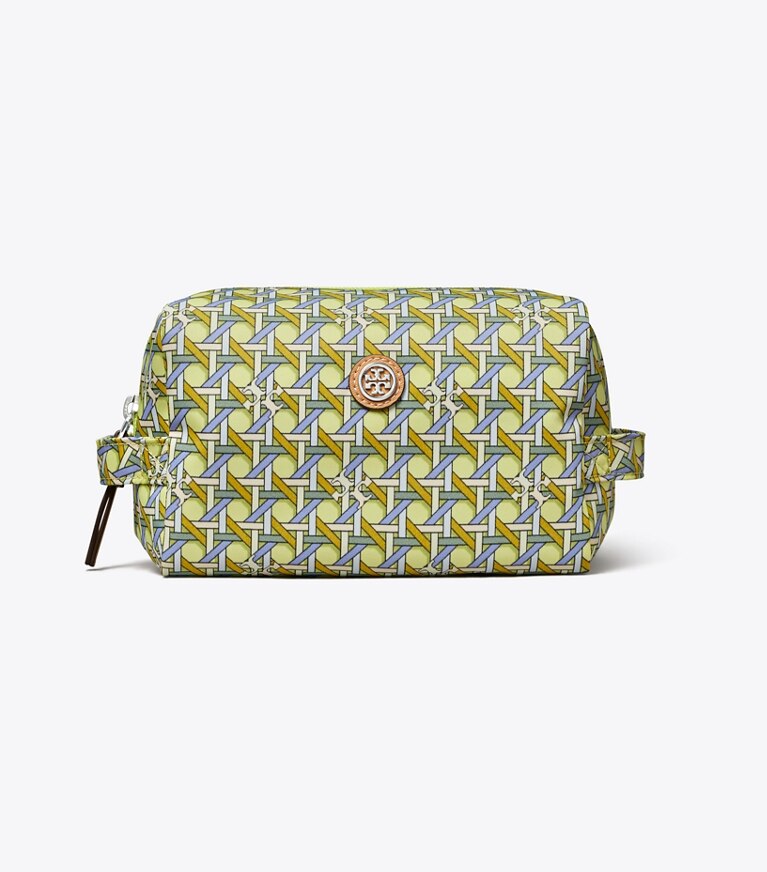 Tory Burch designer trousses de maquillage Grande trousse à maquillage en nylon imprimé dans ACID LEMON BASKETWEAVE de face