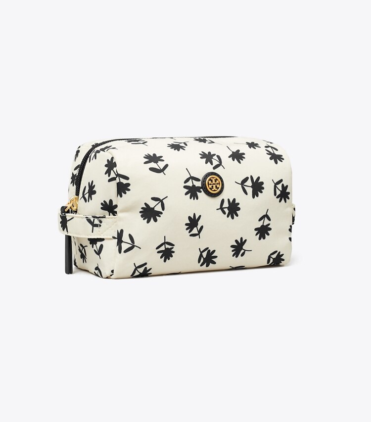 Tory Burch designer trousses de maquillage Grande trousse à maquillage Virginia imprimée dans Black Multi Scatter Daisy angle