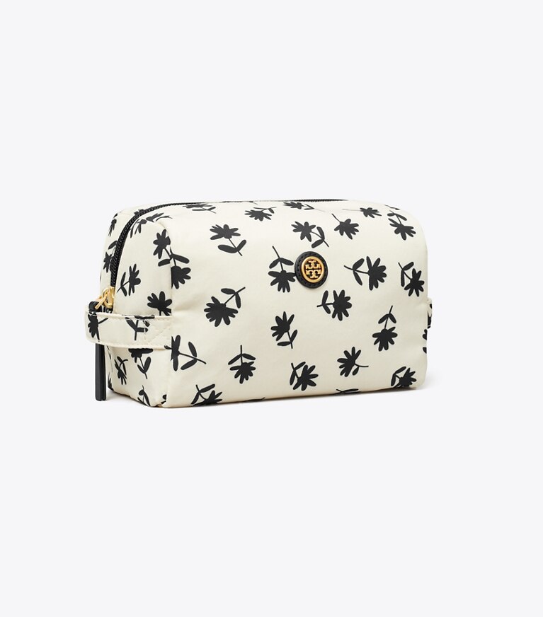 Tory Burch designer trousses de maquillage Grande trousse à maquillage Virginia imprimée dans Black Multi Scatter Daisy angle