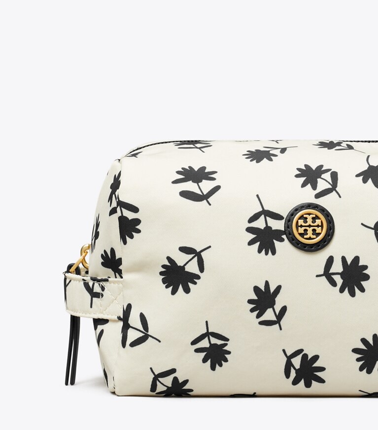 Tory Burch designer trousses de maquillage Grande trousse à maquillage Virginia imprimée dans Black Multi Scatter Daisy détails