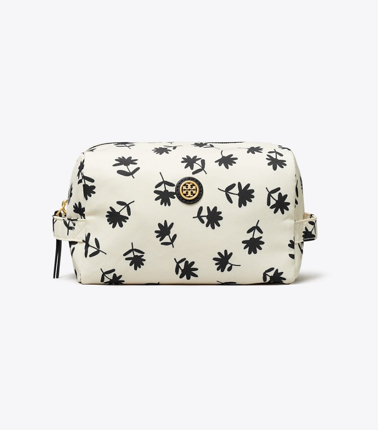 Tory Burch designer trousses de maquillage Grande trousse à maquillage Virginia imprimée dans Black Multi Scatter Daisy de face