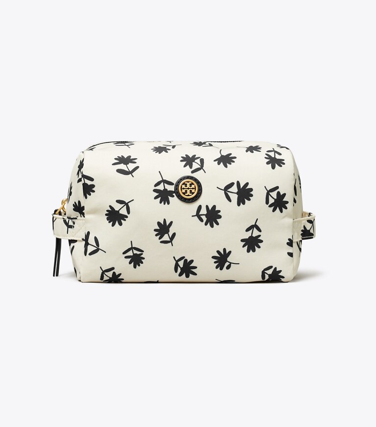 Tory Burch designer trousses de maquillage Grande trousse à maquillage Virginia imprimée dans Black Multi Scatter Daisy de face