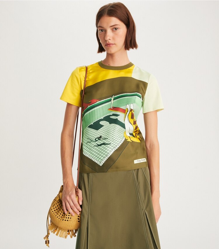 Tory Burch designer tops Graphic Logo T-Shirt in Multi on model detail
