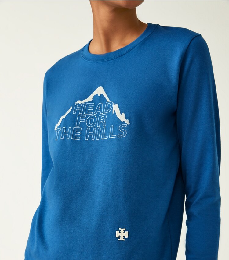 Tory Sport designer tops Graphic Long-Sleeve T-Shirt in Blue Wash / Ivory Pearl on model detail