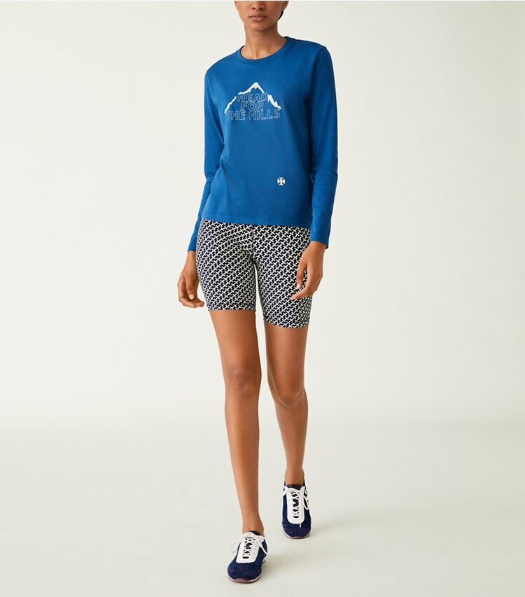 Tory Sport designer tops Graphic Long-Sleeve T-Shirt in Blue Wash / Ivory Pearl on model front