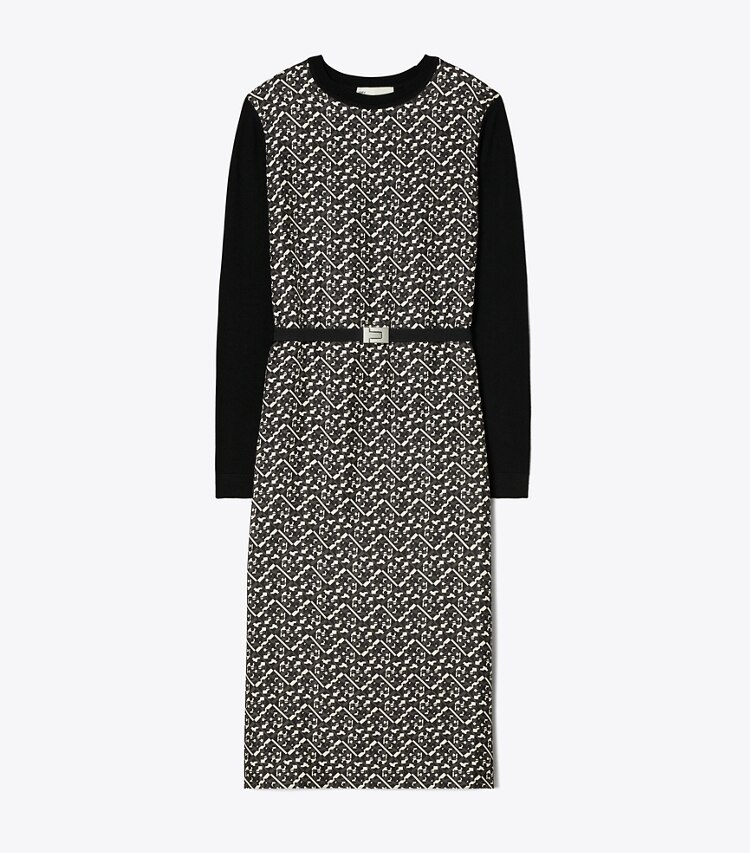 Tory Burch designer ドレス グリーア シルクフロント セータードレス in Black Prismatic T Monogram Small front