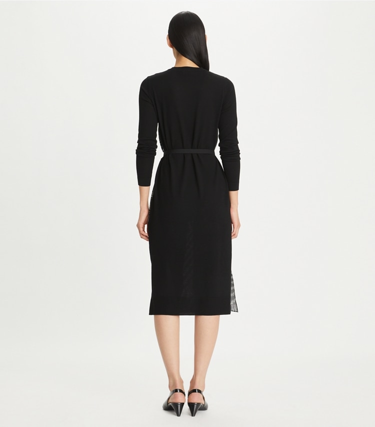 Tory Burch designer dresses Greer Silk-Front Sweater Dress in Black / Black Warped Lace on model back