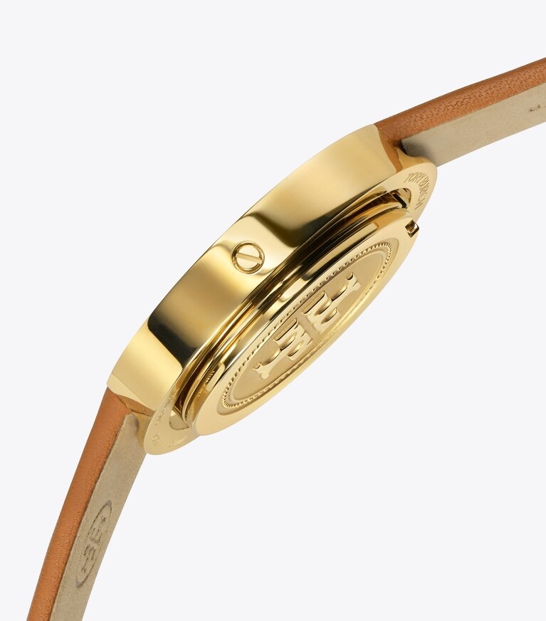 Tory Burch designer strap watches Grier Watch, Luggage Leather/Gold Tone/Ivory, 26 MM in Luggage/Gold/Ivory front