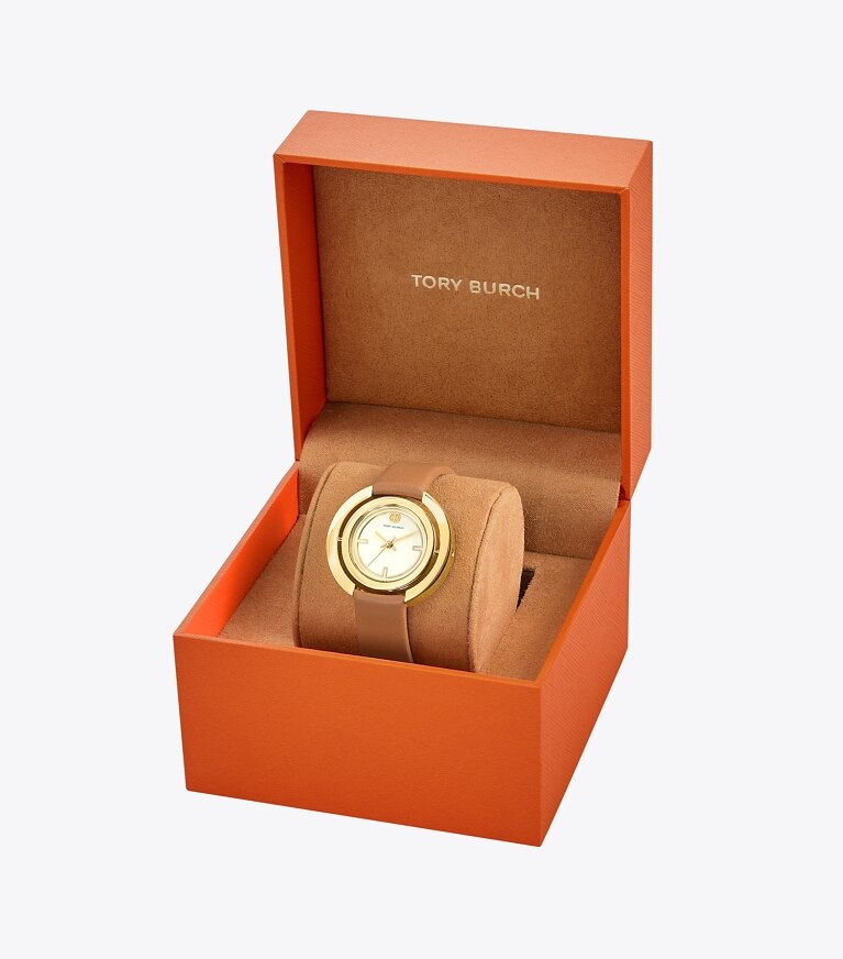 Tory Burch designer strap watches Grier Watch, Luggage Leather/Gold Tone/Ivory, 26 MM in Luggage/Gold/Ivory front