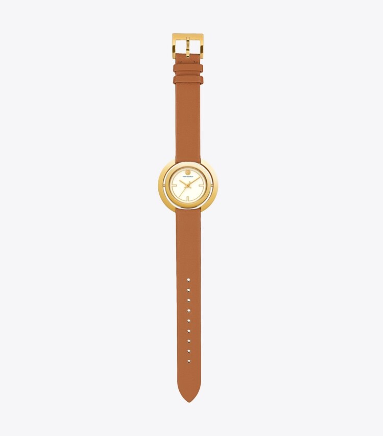 Tory Burch designer strap watches Grier Watch, Luggage Leather/Gold Tone/Ivory, 26 MM in Luggage/Gold/Ivory back
