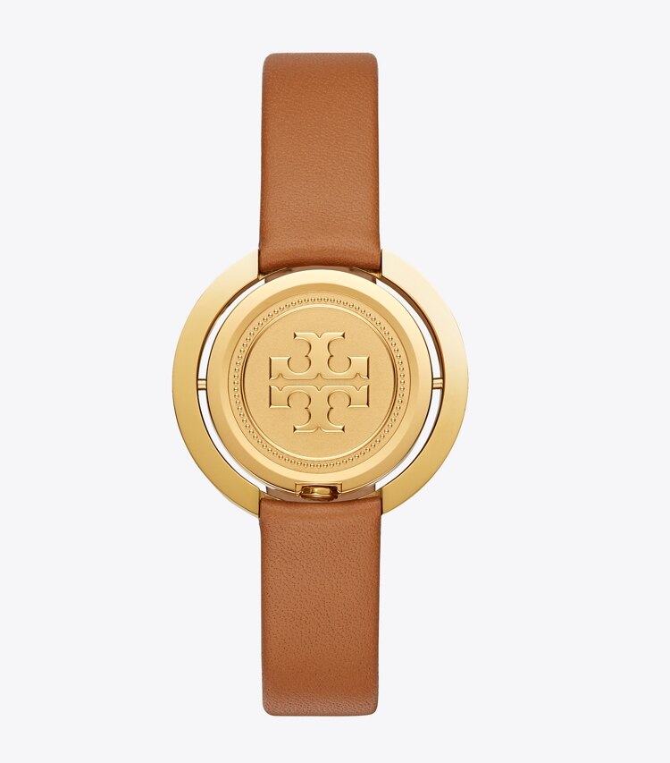Tory Burch designer strap watches Grier Watch, Luggage Leather/Gold Tone/Ivory, 26 MM in Luggage/Gold/Ivory detail