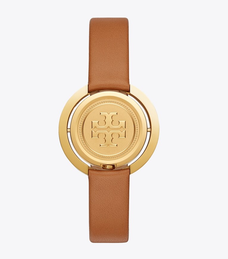 Tory Burch designer strap watches Grier Watch, Luggage Leather/Gold Tone/Ivory, 26 MM in Luggage/Gold/Ivory front
