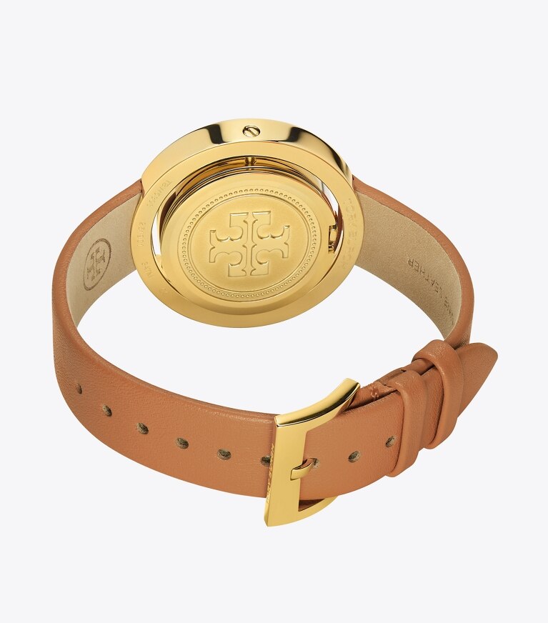 Tory Burch designer strap watches Grier Watch, Luggage Leather/Gold Tone/Ivory, 26 MM in Luggage/Gold/Ivory front