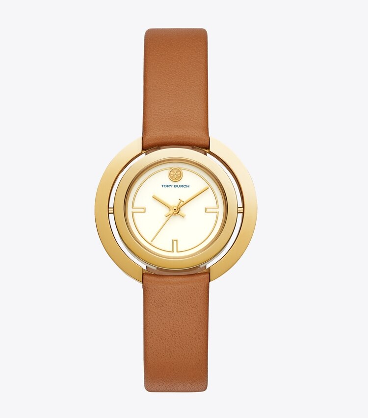 Tory Burch designer strap watches Grier Watch, Luggage Leather/Gold Tone/Ivory, 26 MM in Luggage/Gold/Ivory front