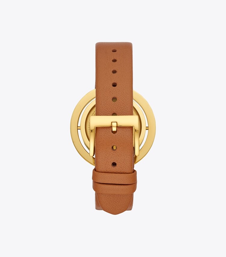 Tory Burch designer strap watches Grier Watch, Luggage Leather/Gold Tone/Ivory, 26 MM in Luggage/Gold/Ivory packable reversible