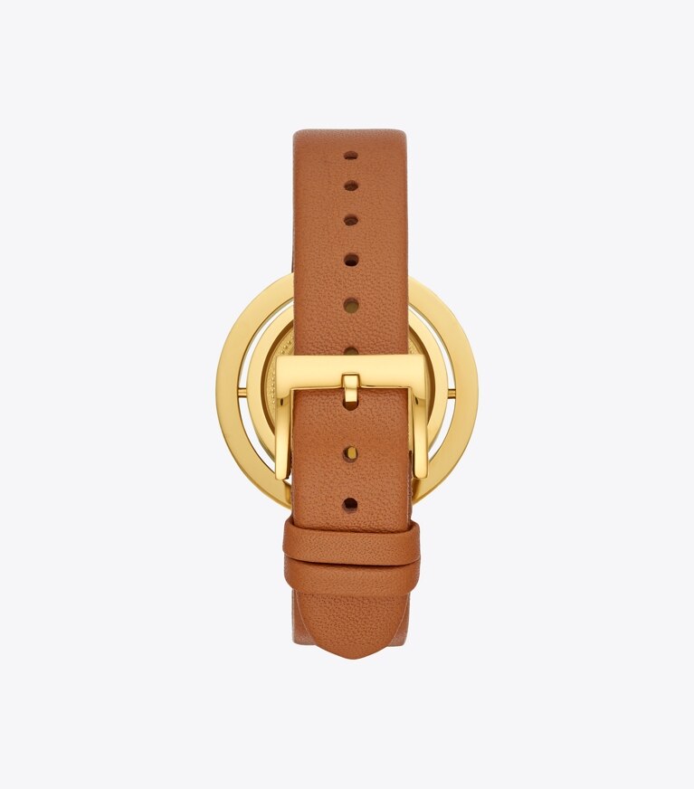 Tory Burch designer strap watches Grier Watch, Luggage Leather/Gold Tone/Ivory, 26 MM in Luggage/Gold/Ivory front