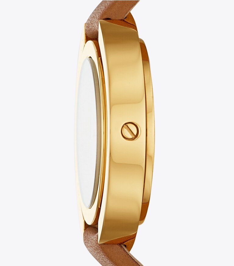 Tory Burch designer strap watches Grier Watch, Luggage Leather/Gold Tone/Ivory, 26 MM in Luggage/Gold/Ivory front